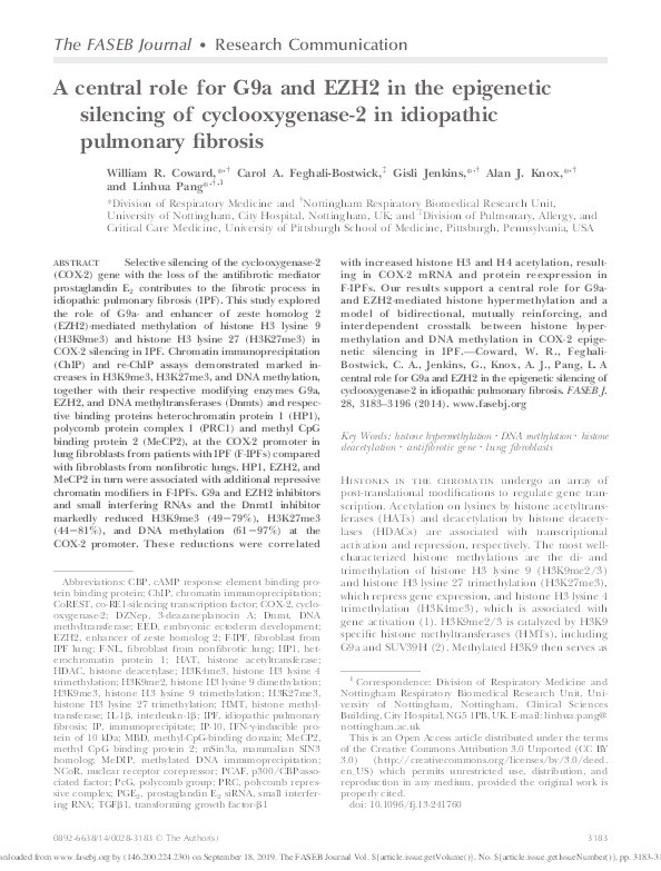 A central role for G9a and EZH2 in the epigenetic silencing of cyclooxygenase-2 in idiopathic pulmonary fibrosis Thumbnail