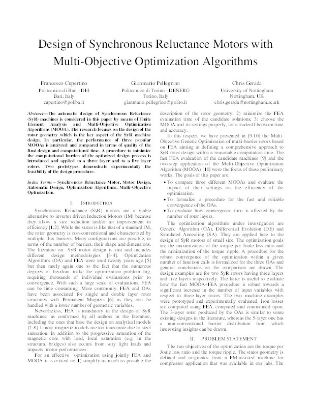 Design of synchronous reluctance motors with multiobjective optimization algorithms Thumbnail