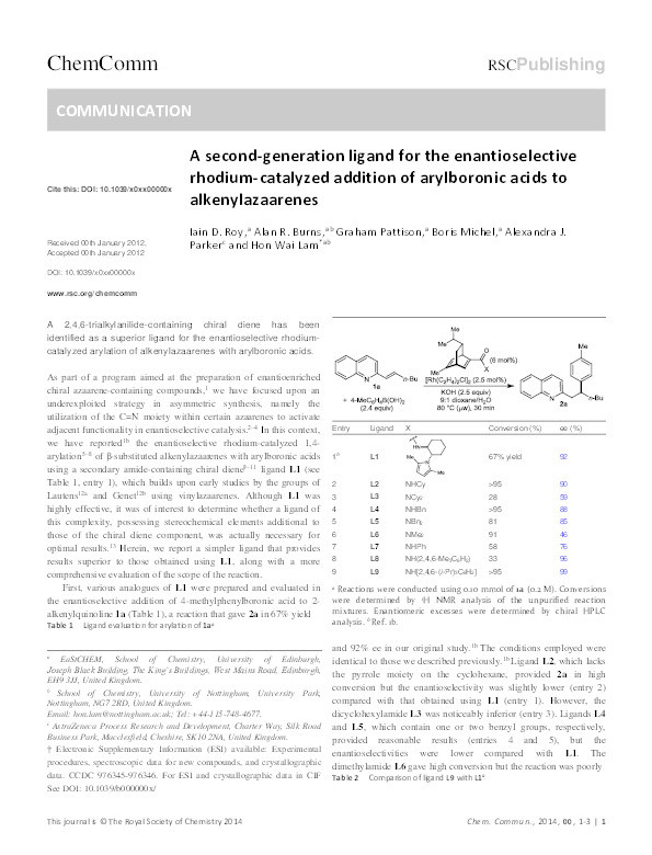 A second-generation ligand for the enantioselective rhodium-catalyzed addition of arylboronic acids to alkenylazaarenes Thumbnail