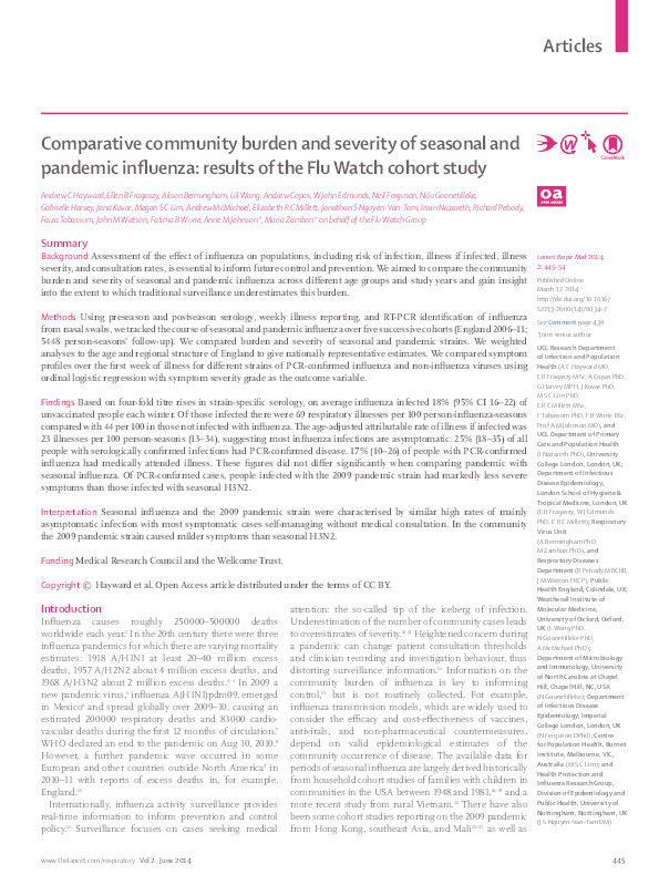 Comparative community burden and severity of seasonal and pandemic influenza: results of the Flu Watch cohort study Thumbnail