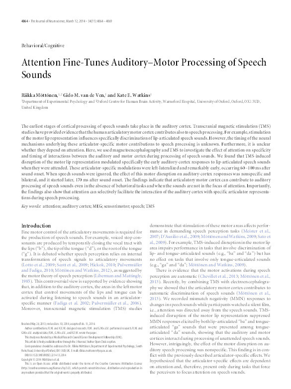 Attention fine-tunes auditory-motor processing of speech sounds Thumbnail