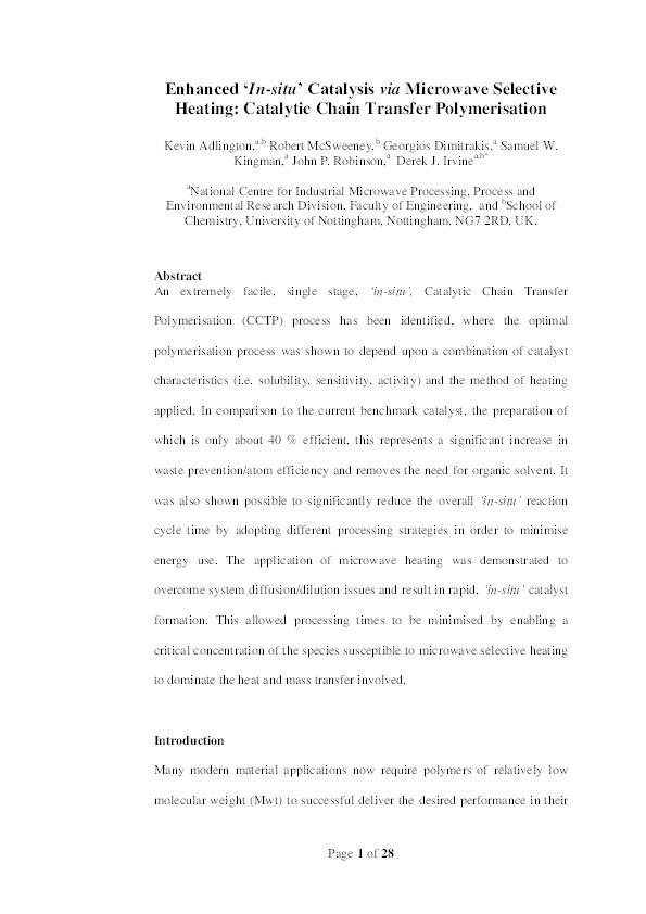 Enhanced ‘in situ’ catalysis via microwave selective heating: catalytic chain transfer polymerisation Thumbnail