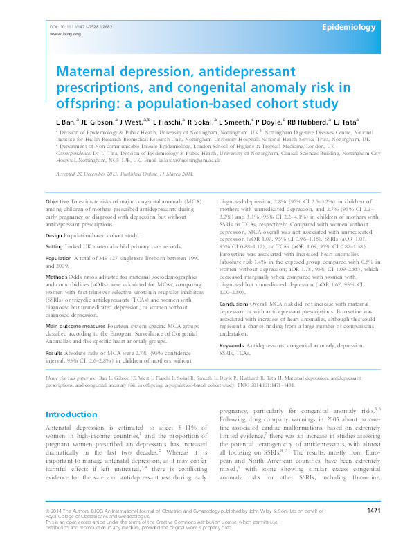 Maternal depression, antidepressant prescriptions, and congenital anomaly risk in offspring: a population-based cohort study Thumbnail