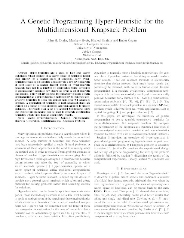 A genetic programming hyper-heuristic for the multidimensional knapsack problem Thumbnail