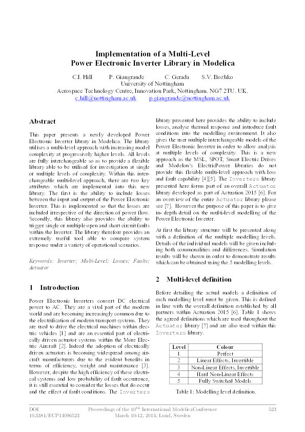 Implementation of a multi-level Power Electronic Inverter library in Modelica Thumbnail