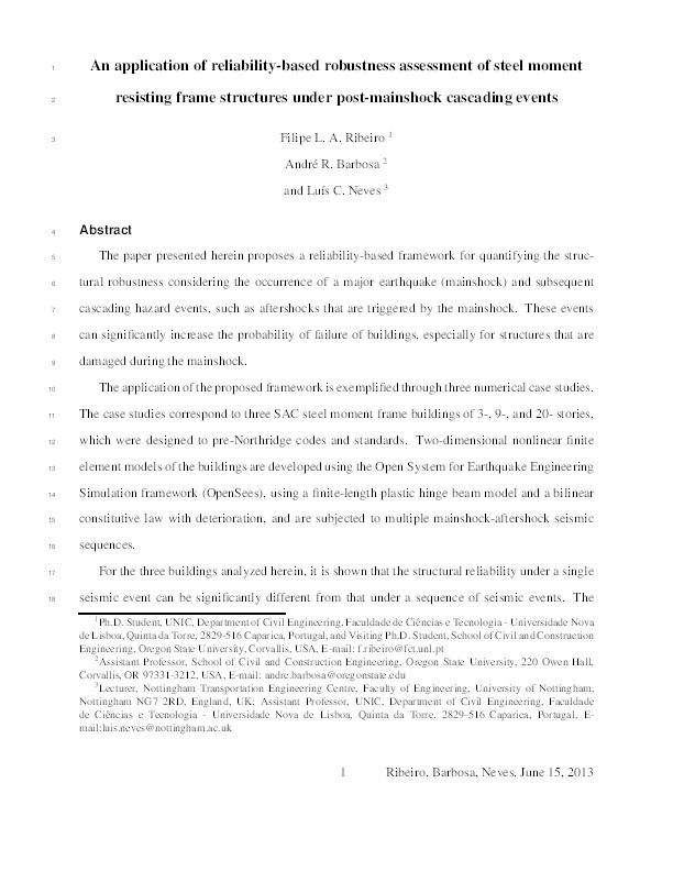 Application of reliability-based robustness assessment of steel moment resisting frame structures under post-mainshock cascading events Thumbnail