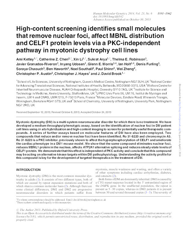 High-content screening identifies small molecules that remove nuclear foci, affect MBNL distribution and CELF1 protein levels via a PKC-independent pathway in myotonic dystrophy cell lines Thumbnail
