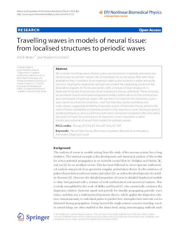 Travelling waves in models of neural tissue: from localised structures to periodic waves Thumbnail