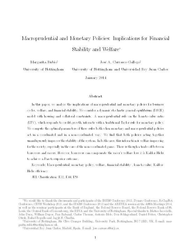 Macroprudential and monetary policies: implications for financial stability and welfare Thumbnail