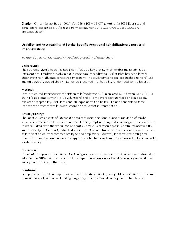 Usability and acceptability of stroke-specific vocational rehabilitation: a post-trial interview study Thumbnail