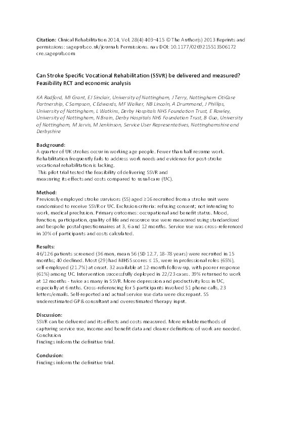 Can stroke specific vocational rehabilitation (SSVR) be delivered and measured?: feasibility RCT and economic analysis Thumbnail