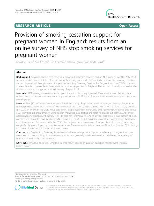 Provision of smoking cessation support for pregnant women in England: results from an online survey of NHS stop smoking services for pregnant women Thumbnail