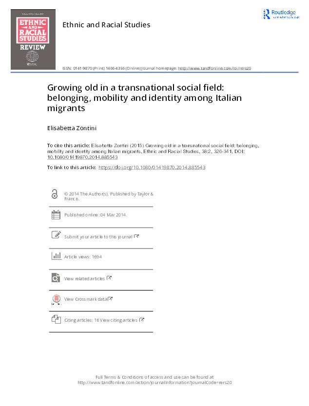 Growing old in a transnational social field: belonging, mobility and identity among Italian migrants Thumbnail