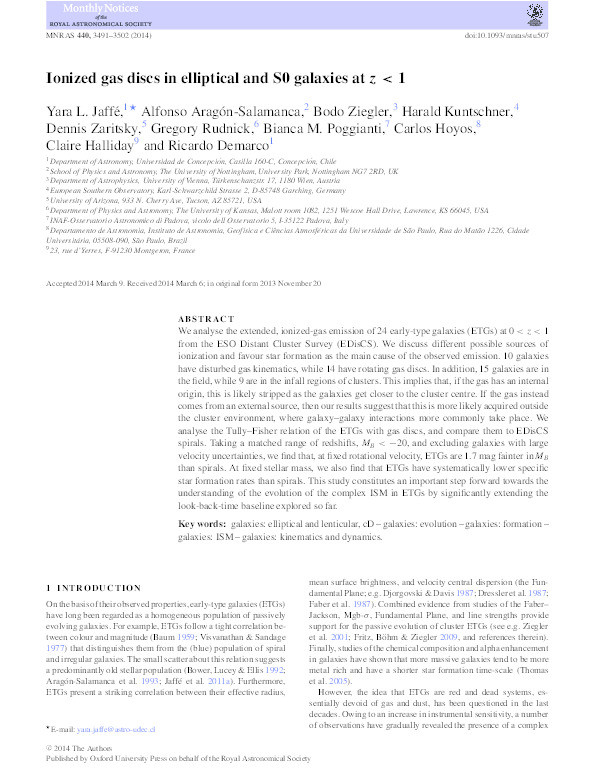 Ionized gas discs in elliptical and S0 galaxies at z < 1 Thumbnail