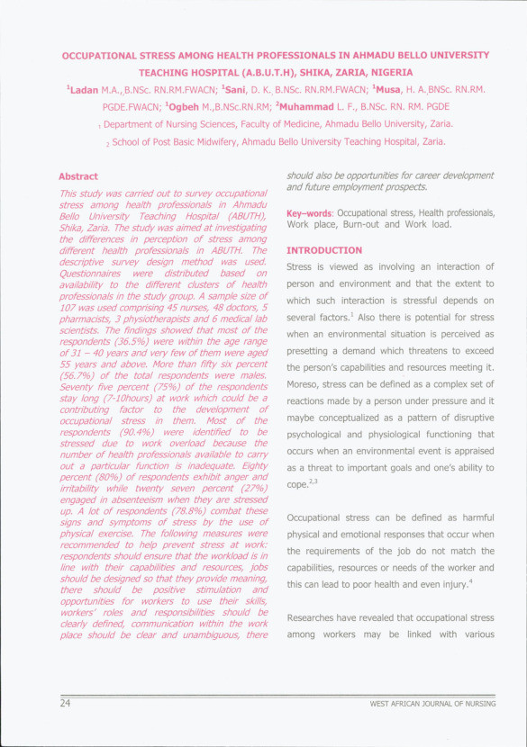 Occupational stress amongmhealth professionals in Ahmadu Bello University Teaching Hospital (A.B.U.T.H.),Shika, Zaria, Nigeria Thumbnail
