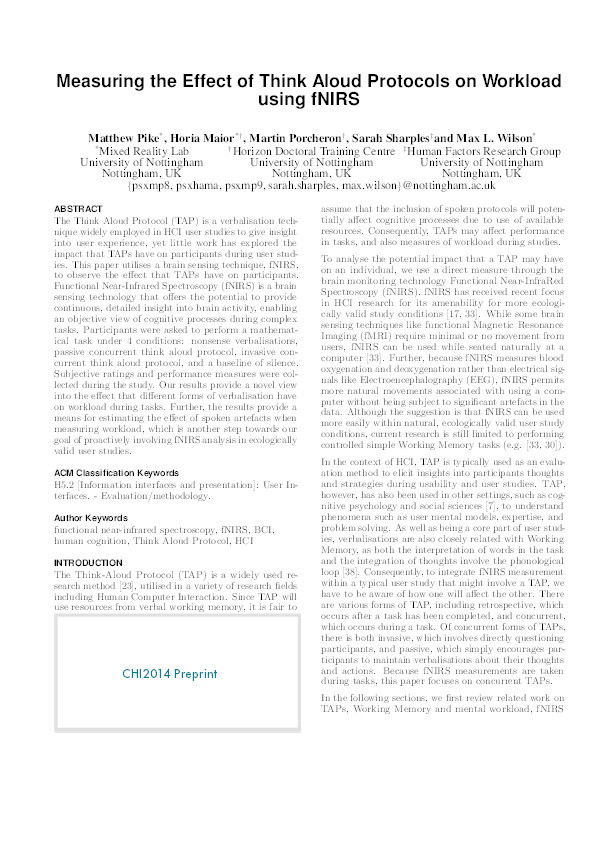 Measuring the effect of Think Aloud Protocols on workload using fNIRS Thumbnail