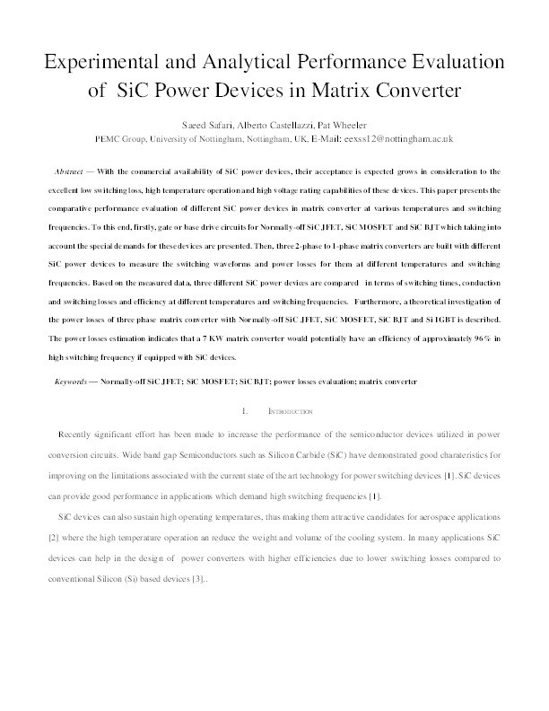 Experimental and analytical performance evaluation of SiC power devices in the matrix converter Thumbnail
