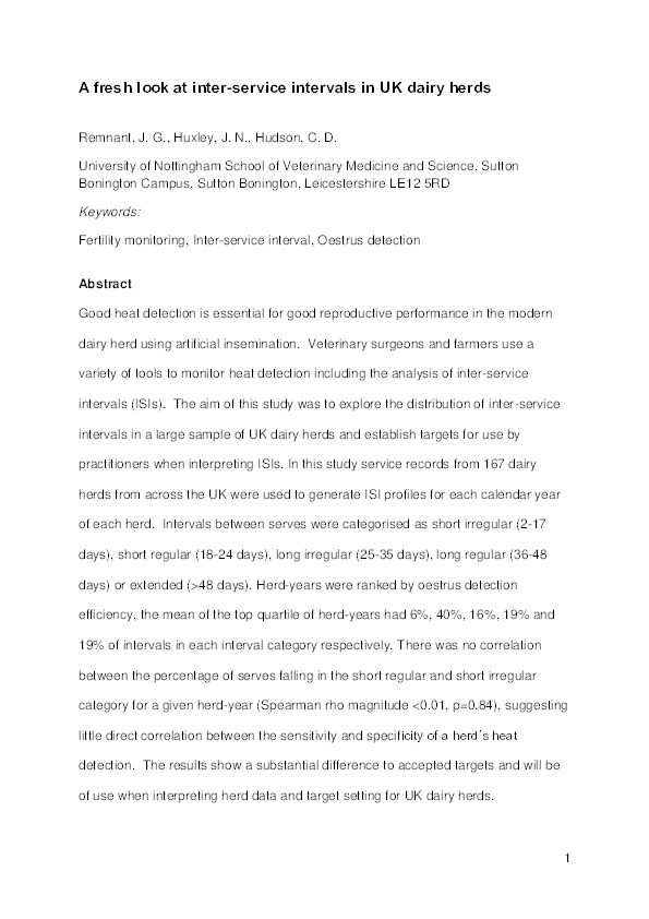 A fresh look at inter-service intervals in UK dairy herds Thumbnail