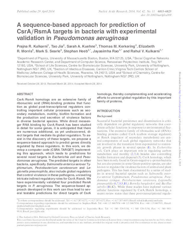 A sequence-based approach for prediction of CsrA/RsmA targets in bacteria with experimental validation in Pseudomonas aeruginosa Thumbnail