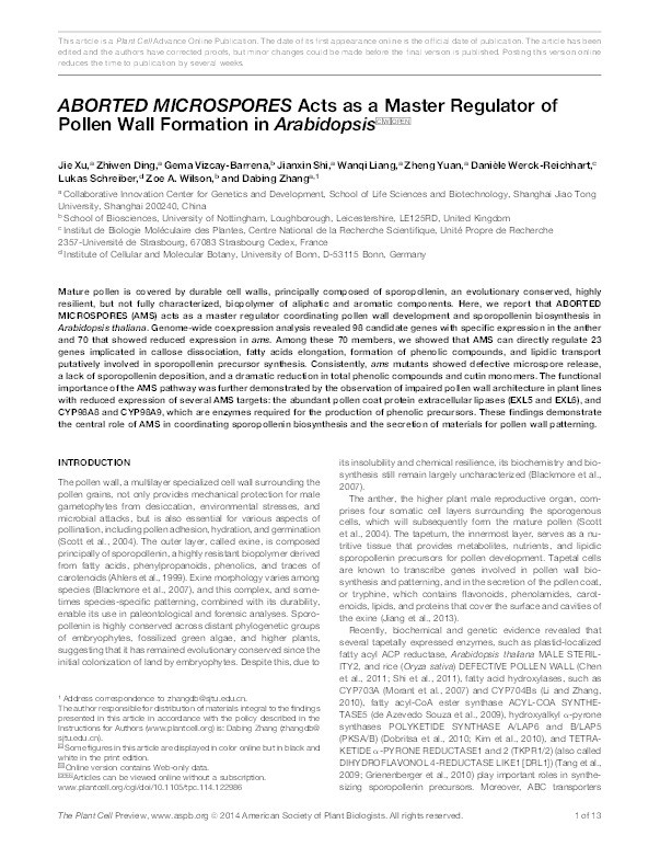 Aborted microspores acts as a master regulator of pollen wall formation in Arabidopsis Thumbnail