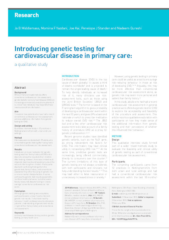 Introducing genetic testing for cardiovascular disease in primary care: a qualitative study Thumbnail