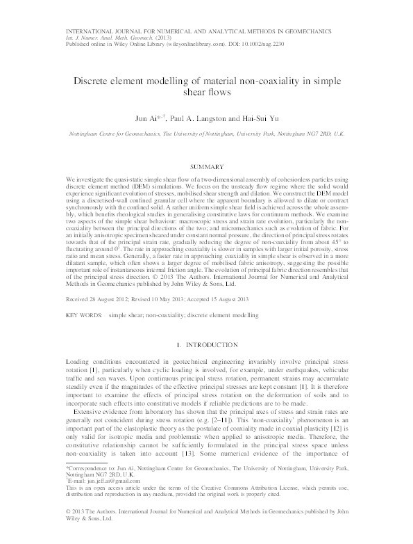 Discrete element modelling of material non-coaxiality in simple shear flows Thumbnail