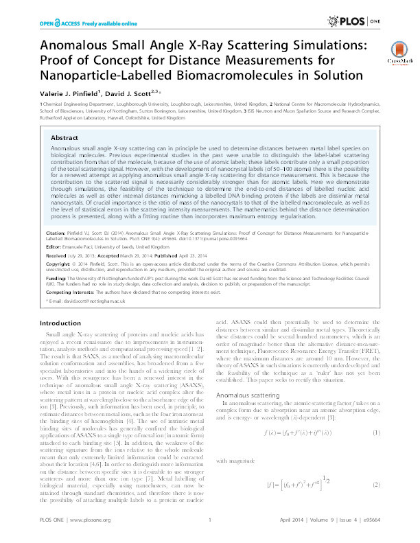 Anomalous Small Angle X-Ray Scattering Simulations: Proof of Concept for Distance Measurements for Nanoparticle-Labelled Biomacromolecules in Solution Thumbnail