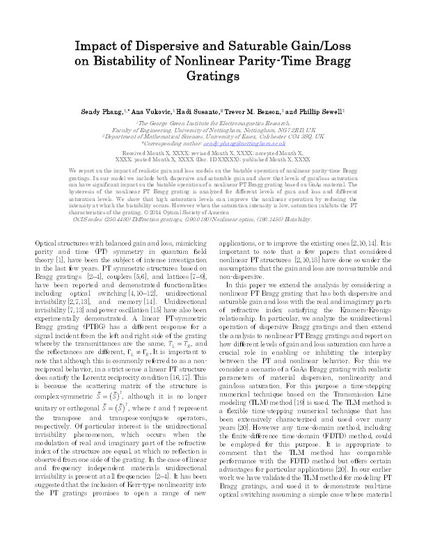 Impact of dispersive and saturable gain/loss on bistability of nonlinear parity–time Bragg gratings Thumbnail