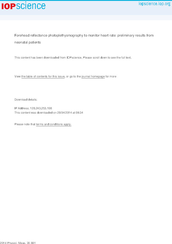 Forehead reflectance photoplethysmography to monitor heart rate: preliminary results from neonatal patients Thumbnail