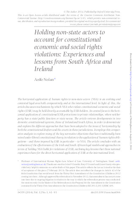 Holding non-state actors to account for constitutional economic and social rights violations: experiences and lessons from South Africa and Ireland Thumbnail