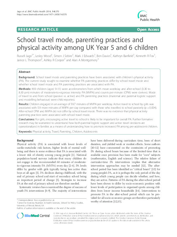 School travel mode, parenting practices and physical activity among UK Year 5 and 6 children Thumbnail
