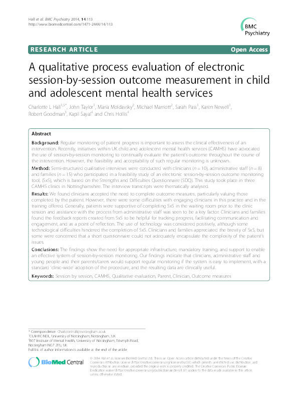 A qualitative process evaluation of electronic session-by-session outcome measurement in child and adolescent mental health services Thumbnail