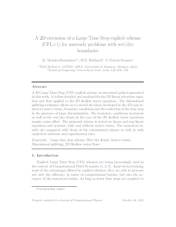 A 2D extension of a large time step explicit scheme (CFL>1) for unsteady problems with wet/dry boundaries Thumbnail