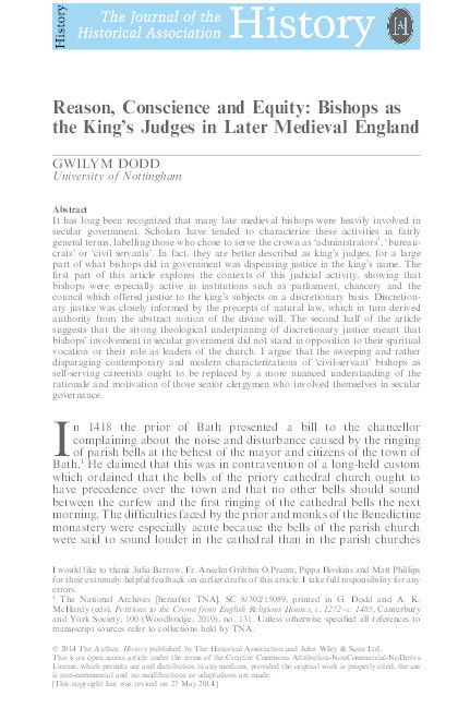 Reason, conscience and equity: bishops as the king's judges in later Medieval England Thumbnail