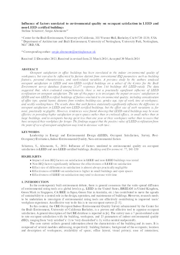 Influence of factors unrelated to environmental quality on occupant satisfaction in LEED and non-LEED certified buildings Thumbnail