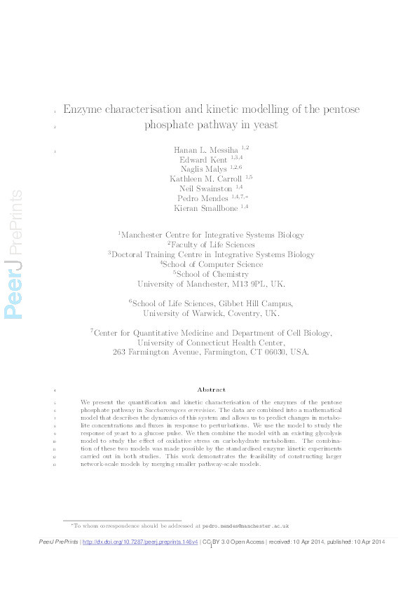 Enzyme characterisation and kinetic modelling of the pentose phosphate pathway in yeast Thumbnail