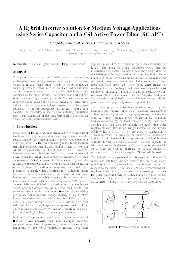 A hybrid inverter solution for medium voltage applications using series capacitor and a CSI Active Power Filter (SC-APF) Thumbnail