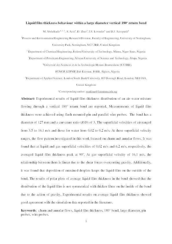 Liquid film thickness behaviour within a large diameter vertical 180° return bend Thumbnail