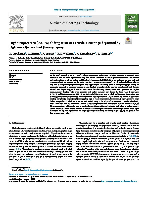 High temperature (900 °C) sliding wear of CrNiAlCY coatings deposited by high velocity oxy fuel thermal spray Thumbnail