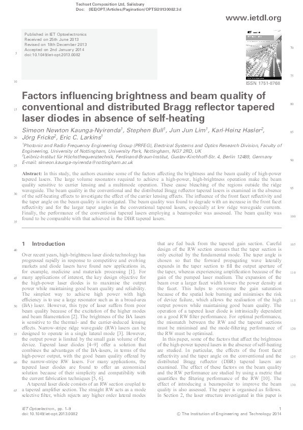 Factors influencing brightness and beam quality of conventional and distributed Bragg reflector tapered laser diodes in absence of self-heating Thumbnail