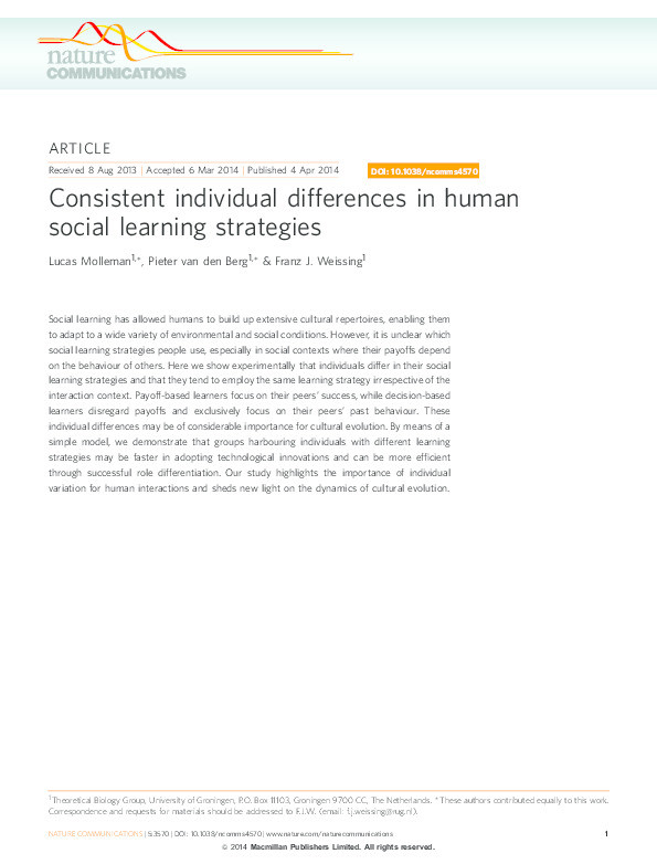 Consistent individual differences in human social learning strategies Thumbnail