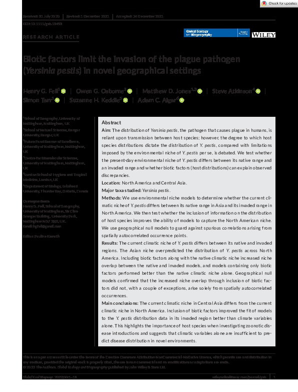 Biotic factors limit the invasion of the plague pathogen (Yersinia pestis) in novel geographical settings Thumbnail