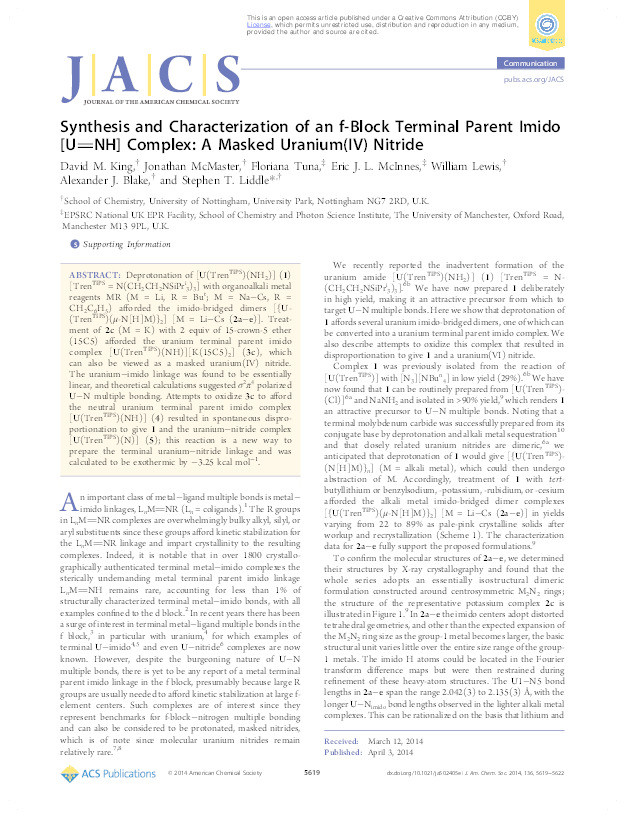 Synthesis and Characterization of an f-Block Terminal Parent Imido [U?NH] Complex: A Masked Uranium(IV) Nitride Thumbnail