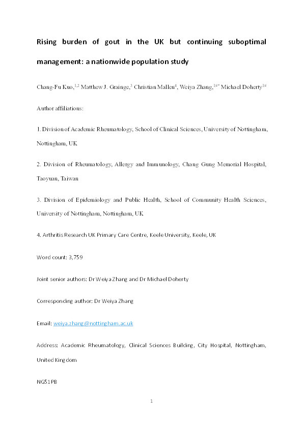 Rising burden of gout in the UK but continuing suboptimal management: A nationwide population study Thumbnail