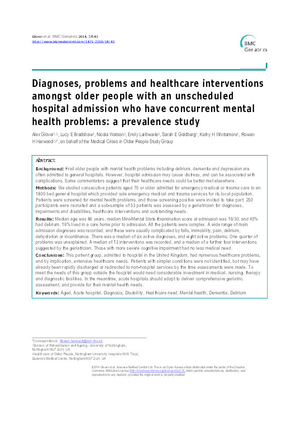 Diagnoses, problems and healthcare interventions amongst older people with an unscheduled hospital admission who have concurrent mental health problems: a prevalence study Thumbnail