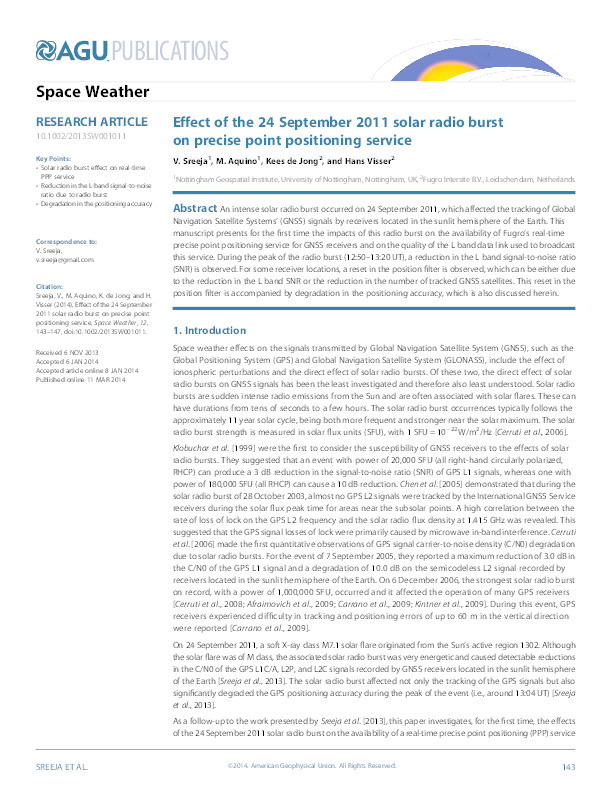 Effect of the 24 September 2011 solar radio burst on precise point positioning service Thumbnail