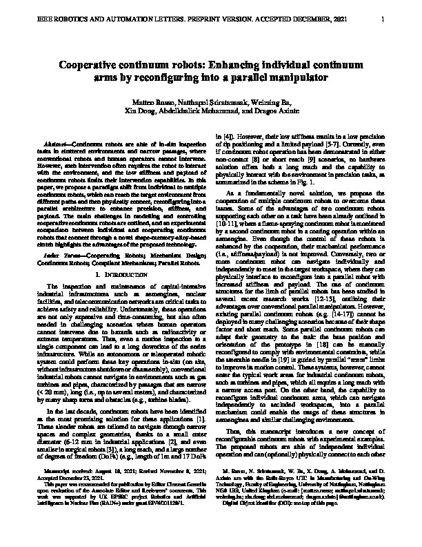 Cooperative continuum robots: Enhancing individual continuum arms by reconfiguring into a parallel manipulator Thumbnail