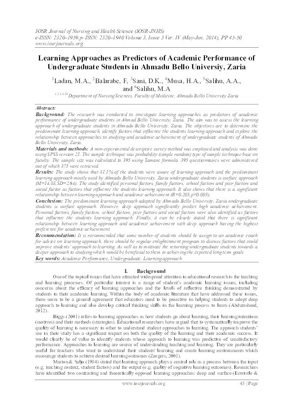 Learning approaches as predictors of academic performance of undergraduate students in Ahmadu Bello Universiy, Zaria Thumbnail