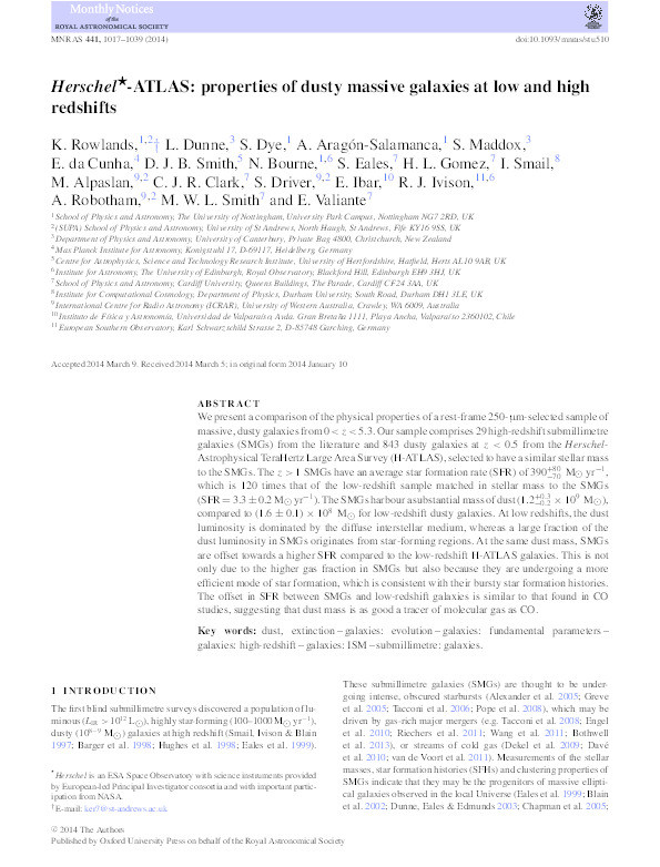 Herschel-ATLAS: properties of dusty massive galaxies at low and high redshifts Thumbnail