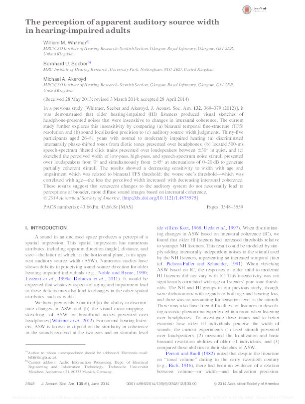 The perception of apparent auditory source width in hearing-impaired adults Thumbnail